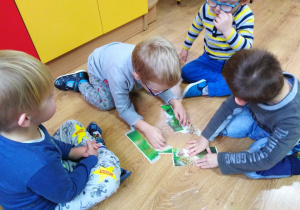4 chłopców układa ilustrację jeża z pociętych elementów.